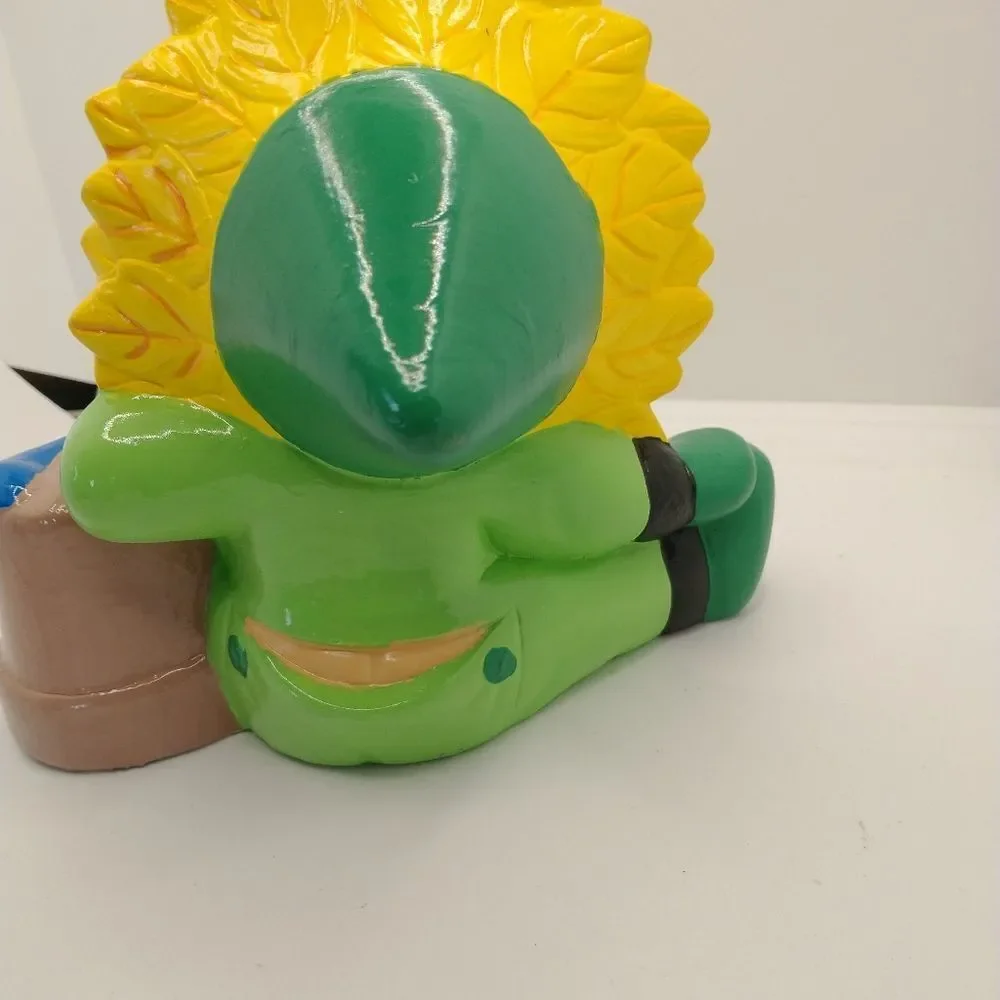 Hand Crafted Sun Flower Baby Figurine Green Flower Pot 5 inch Vintage Ceramic